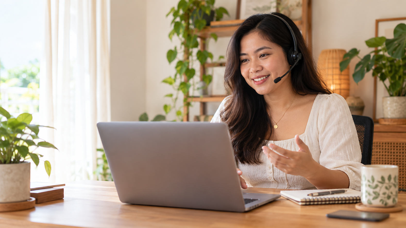Filipina virtual assistant smiling while working at her laptop with a headset